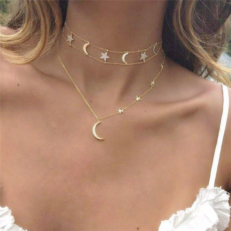 Gold-Color Multilayer Star Moon Choker Necklace